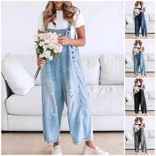 💃Časově omezená sleva 49% OFF💓👖Dámský roztomilý volnočasový overal s knoflíky a roztrhaným džínem