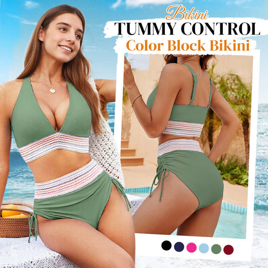 😍👙Dvoudílné bikiny s vysokým pasem a kontrolou břicha v barevných blocích