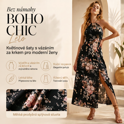 👗🌺 Halterové šaty s rozparkem a květinovým vzorem – SLEVA 49%! Smyslné, lehké a perfektní na léto, pláž nebo slavnostní příležitosti 🌸