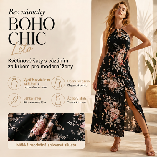 👗🌺 Halterové šaty s rozparkem a květinovým vzorem – SLEVA 49%! Smyslné, lehké a perfektní na léto, pláž nebo slavnostní příležitosti 🌸