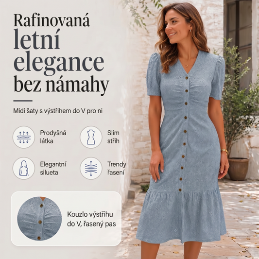🌞💃Dámské knoflíkové šaty s výstřihem do V a krátkým rukávem, midi délka