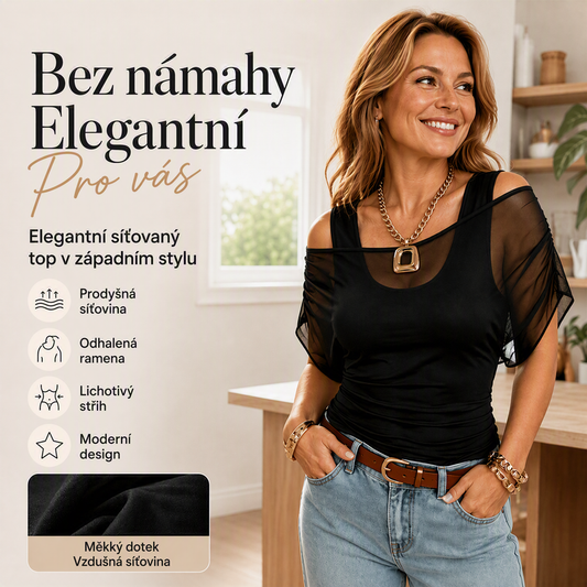 😊Dámská halenka s odhalenými rameny, se síťovanými aplikacemi👕✨