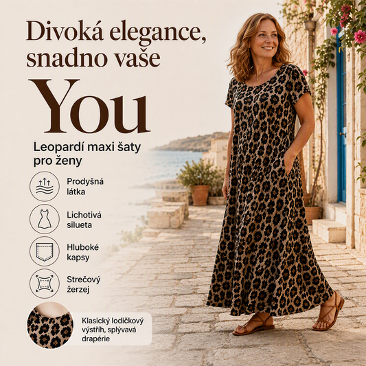 👗 Dámské šaty s leopardím vzorem, maxi, s kapsami, casual s krátkým rukávem, dlouhé šaty