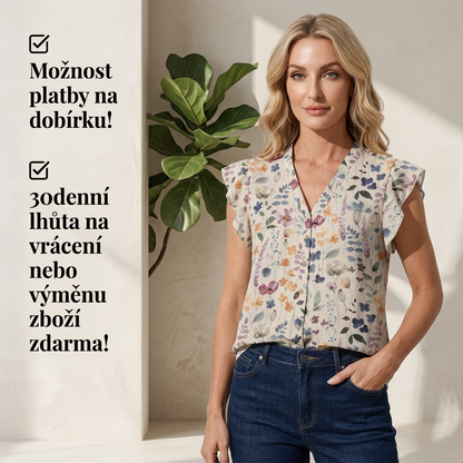 Dámská V-výstřih Květinový Potisk Knoflíková Košile☀️Doručení do 5 pracovních dnů
