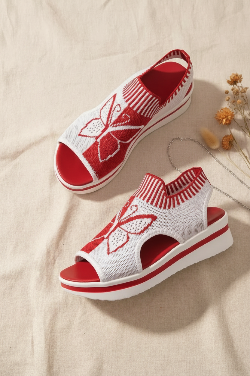 Red sandals cream background no text