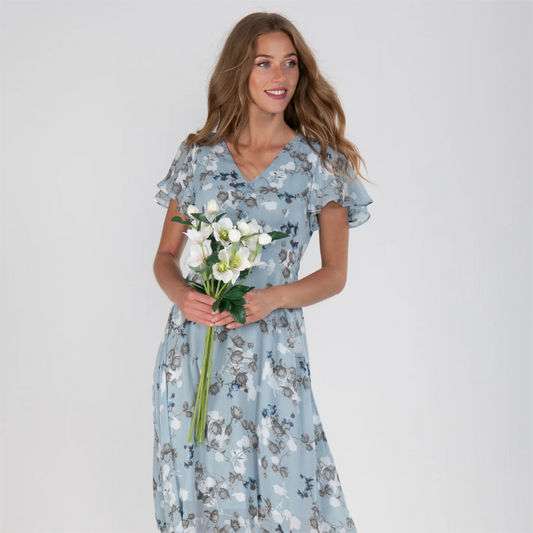 👗Dlouhé šaty s krátkým rukávem a květinovým vzorem