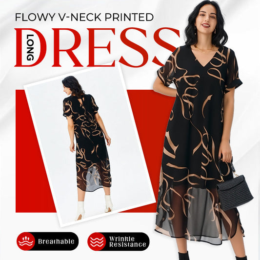 💥Speciální sleva 49% OFF💝✨Splývavé šaty s výstřihem do V a potiskem