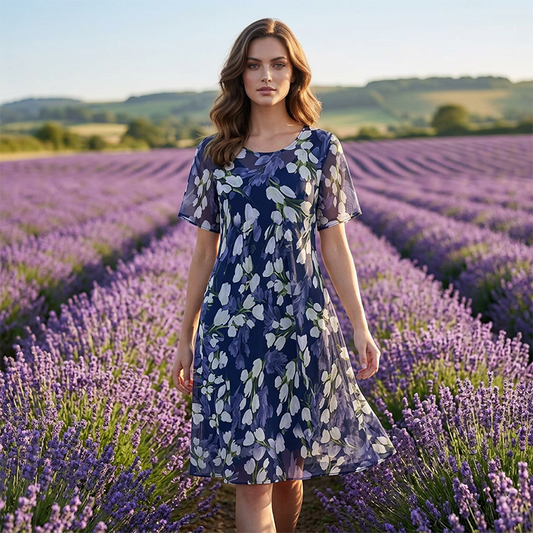 🌸 49% SLEVA ✨👗 Krátké rukávy A-linie Slavnostní šaty – Květinový vzor & Dvojitý šifon👗💙
