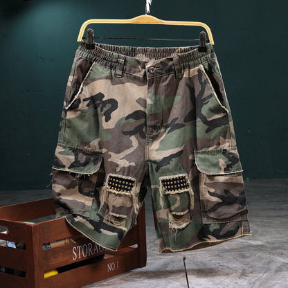🎁2026 Novinky 49% SLEVA💥Pánské camo cargo kraťasy s cvočky – roztrhané, více kapes a elastický pas – drsné streetwear cargo kraťasy 🛹