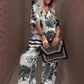 👚👖49% sleva❤Dámský volnočasový set s potiskem, top s výstřihem do V a kalhoty