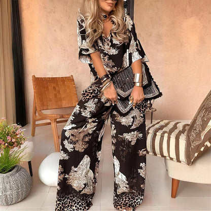👚👖49% sleva❤Dámský volnočasový set s potiskem, top s výstřihem do V a kalhoty