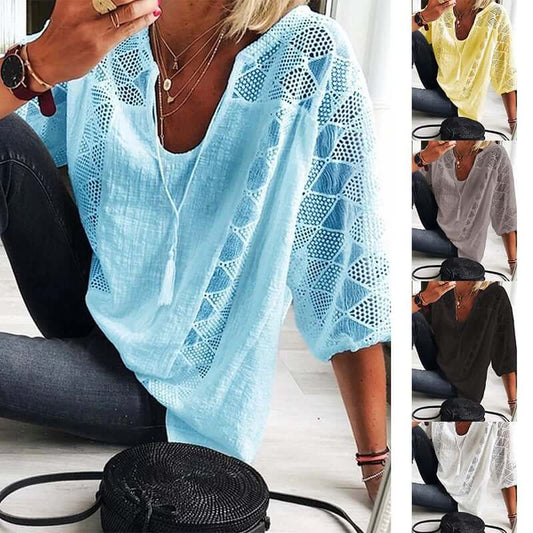 👚 SLEVA 49%! 🌸 Dámská halenka s kulatým výstřihem a prolamovaným vzorem – třásňová šňůrka a krátké rukávy – letní ležérní elegance 🌿