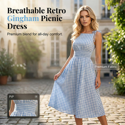 👗 ČASOVĚ OMEZENÁ SLEVA 49%! 💥 Dámské retro bezrukávové kostkované midi šaty – nařasený živůtek, zavazovací ramínka, prodyšné ✨