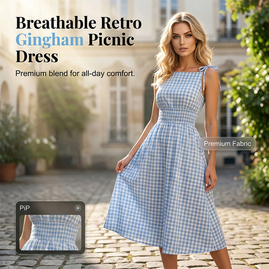 👗 ČASOVĚ OMEZENÁ SLEVA 49%! 💥 Dámské retro bezrukávové kostkované midi šaty – nařasený živůtek, zavazovací ramínka, prodyšné ✨