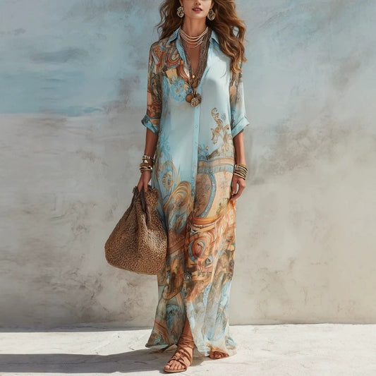 ⏰💰 49% SLEVA – Elegantní retro tištěné maxi šaty | Boho výstřih do V + volný střih | Ideální na pláž a dovolenou 🌺🌊✨