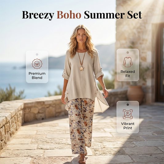 🌼🔥49% SLEVA! Dámský bavlněný lněný boho set, poloviční rukávy & široké kalhoty