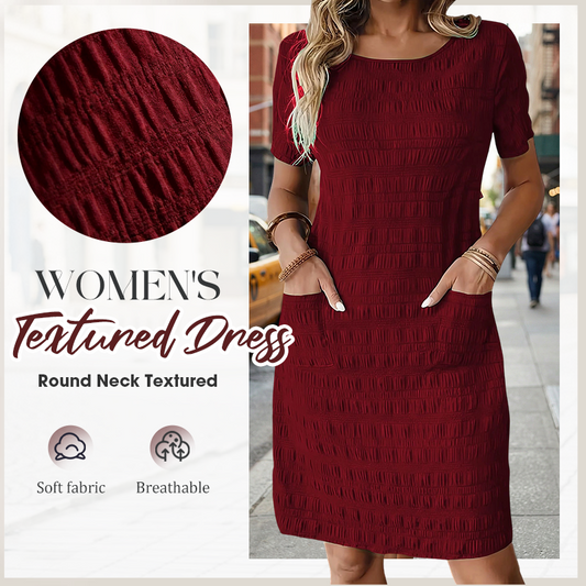 ✨ Rochie Damă cu Guler Rotund & Textură Unică – Elegantă, Anti-Cute, cu Buzunare, Până la Genunchi 👚