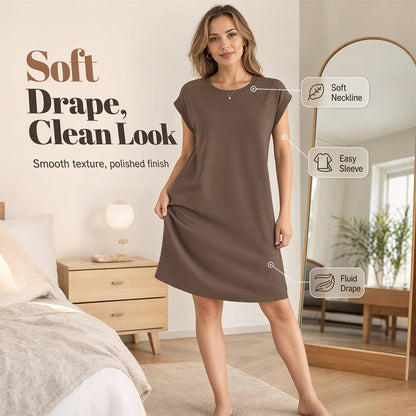 👗49% SLEVA TEĎ! 🌸 Dámské šaty s kulatým výstřihem a jednobarevným designem – měkké & lehké – ideální do práce, na pláž nebo pro každodenní eleganci – všestranné a pohodlné ✨🌿
