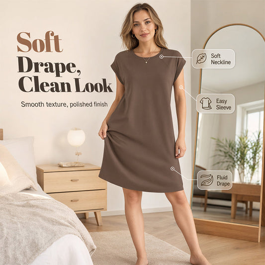👗49% SLEVA TEĎ! 🌸 Dámské šaty s kulatým výstřihem a jednobarevným designem – měkké & lehké – ideální do práce, na pláž nebo pro každodenní eleganci – všestranné a pohodlné ✨🌿
