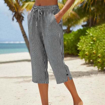 👖🌸 Vzdušné capri kalhoty z pruhované bavlny a lnu s bočními kapsami