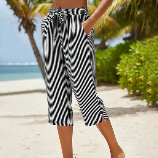 👖🌸 Vzdušné capri kalhoty z pruhované bavlny a lnu s bočními kapsami