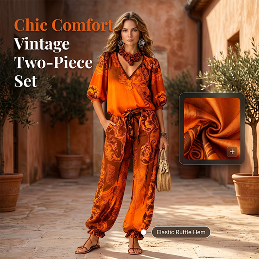 ✨ Boho Vintage set ze dvou kusů – Top s V-výstřihem a kalhoty s etnickým potiskem, elegantní a pohodlný 🌿