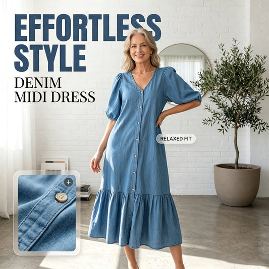 👗🌸 Měkké šaty s výstřihem do V v džínovém stylu