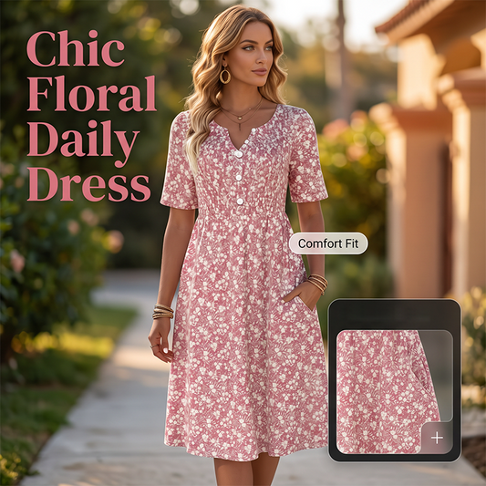 👗 49% SLEVA! 🌸 Dámské volnočasové šaty s výstřihem do V, květinovým potiskem a kapsami – Lehké, všestranné a praktické – Ideální na léto, procházky a dovolenou ☀️