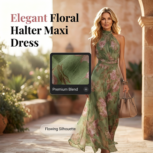 🌸 49% SLEVA! 👗 Elegantní maxi šaty s květinovým potiskem & nákrčníkem – Splývavá látka, lichotivá postavě & boho styl – Ideální na léto, dovolenou a teplé večery ☀️