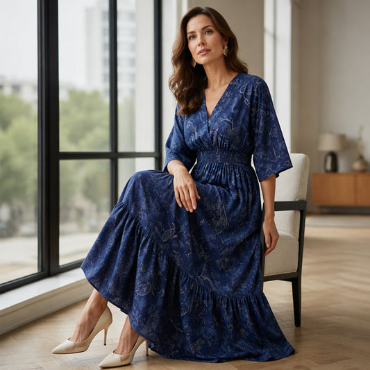 🌸👗 Dámské šaty s potiskem a výstřihem do V – Volný střih, elegantní vzor, lichotivá silueta pro romantický vzhled od každodenního nošení po speciální příležitosti 🌿💃
