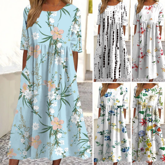 👗🌸Dámské elegantní květinové šaty s kulatým výstřihem a dlouhým rukávem