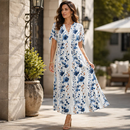 👗✨ Vintage šaty s květinovým vzorem, délka ke kolenům, výstřih do V, rukávy se šňůrkou a kapsy – lehké, prodyšné, 8 barev, velikosti S–3XL 🌸🌿