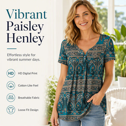 🏖️Sommarrea – 49 % sleva🏝️👚Dámské tričko s paisley vzorem, V-výstřih a krátké rukávy✨