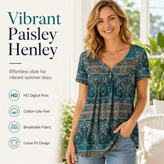 🏖️Sommarrea – 49 % sleva🏝️👚Dámské tričko s paisley vzorem, V-výstřih a krátké rukávy✨