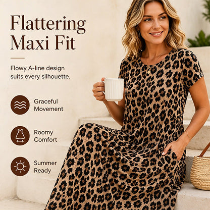 👗 Dámské šaty s leopardím vzorem, maxi, s kapsami, casual s krátkým rukávem, dlouhé šaty