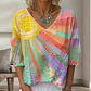 🎨✨ Dámská Retro Halenka s V-Výstřihem – Umělecký Plátěný Vzor, Boho Styl, S–2XL 🌈