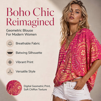 ✨👚Dámské top s výstřihem do V, boho vzorem a rukávy ve tvaru netopýřího křídla