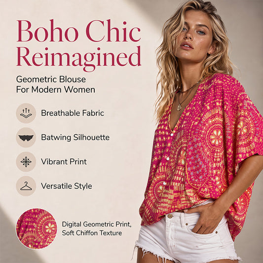 ✨👚Dámské top s výstřihem do V, boho vzorem a rukávy ve tvaru netopýřího křídla