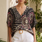 ✨👚Dámské top s výstřihem do V, boho vzorem a rukávy ve tvaru netopýřího křídla