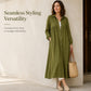 👗✨ Lněné košilové maxi šaty s límcem typu revers, knoflíky vpředu, střih do tvaru A s plisami — 6 barev, velikosti S–3XL — elegantní, vzdušné, univerzální 👗