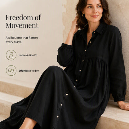 👗✨ Lněné košilové maxi šaty s límcem typu revers, knoflíky vpředu, střih do tvaru A s plisami — 6 barev, velikosti S–3XL — elegantní, vzdušné, univerzální 👗