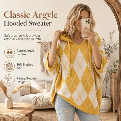 🧶 Útulný retro styl | Dámský oversized pletený svetr s kapucí a kosočtvercovým vzorem a bočními rozparky