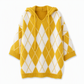 🧶 Útulný retro styl | Dámský oversized pletený svetr s kapucí a kosočtvercovým vzorem a bočními rozparky