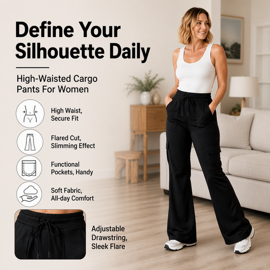 👖 ✨ Dámské kalhoty cargo se zvýšeným pasem a stahovací šňůrkou do zvonu